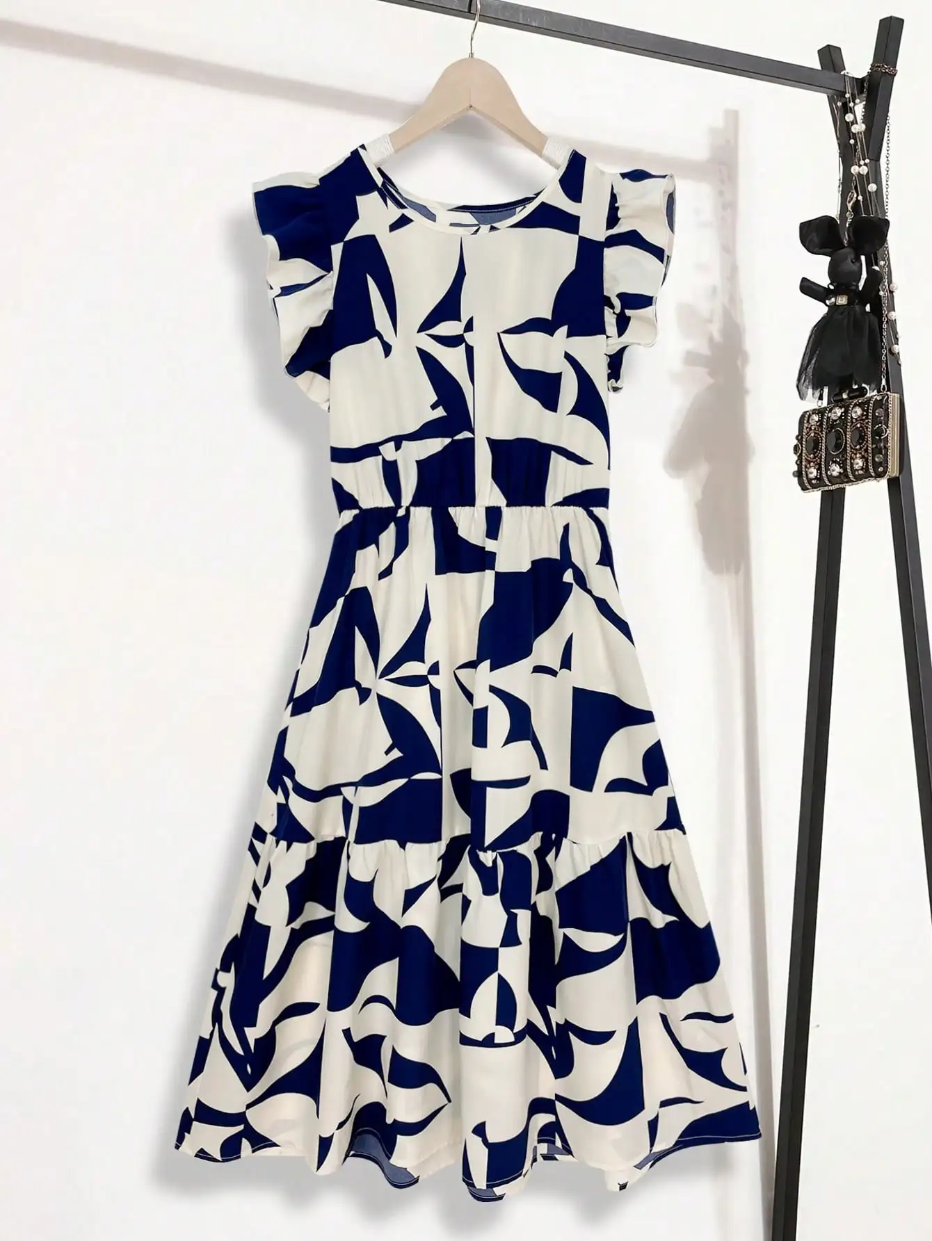 Womens Navy Blue Abstract Print Ruffle Sleeve Tiered Midi Dress Round Neck A Line Summer Casual Dress