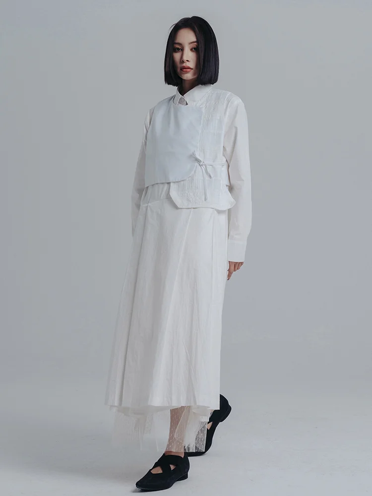 [EAM] Women White Pleated Irreuglar Big Size Shirt Dress New Lapel Long Sleeve Loose Fit Fashion Tide Spring Autumn 2024 1DE7026