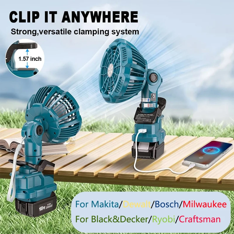 

Портативный зажимной вентилятор со светодиодной подсветкой для Makita/Dewalt/Bosch/Milwaukee/Black&Decker/Ryobi/Craftsman18V аккумуляторный вентилятор с USB