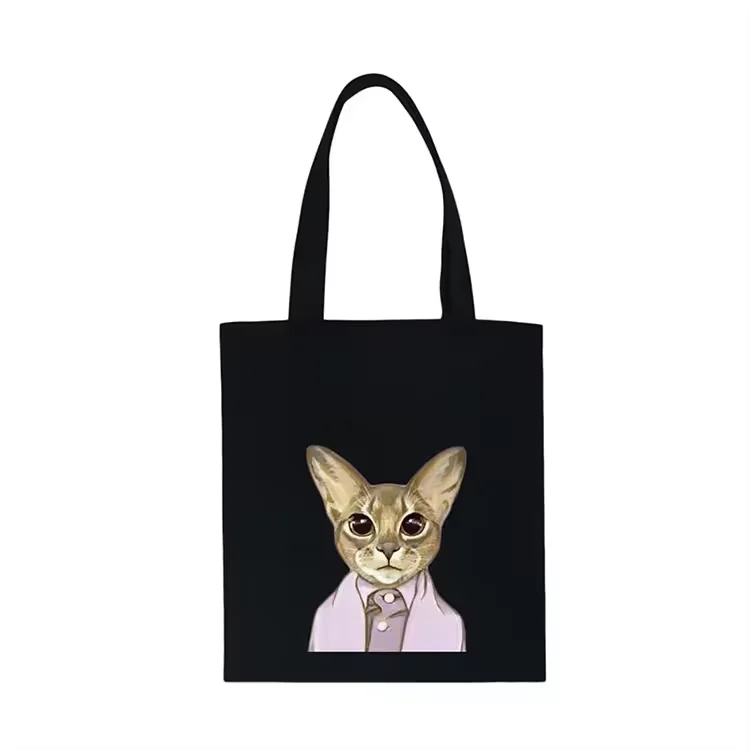 

Black Canvas Shoulder Bag Grey White Cat Print Green Eyes Pink White Striped Top With Lace Collar Cute Daily Canvas Bag