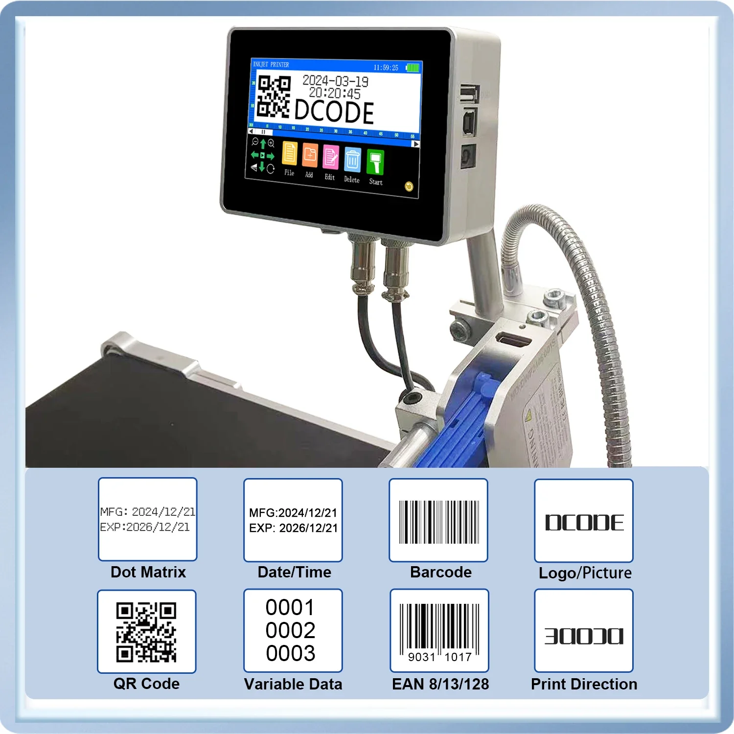 130PLUS Industrial Online Inkjet Printer 12.7/25.4mm Nozzle with 4.3inch Screen QR Barcode Batch Number Logo Date Printer