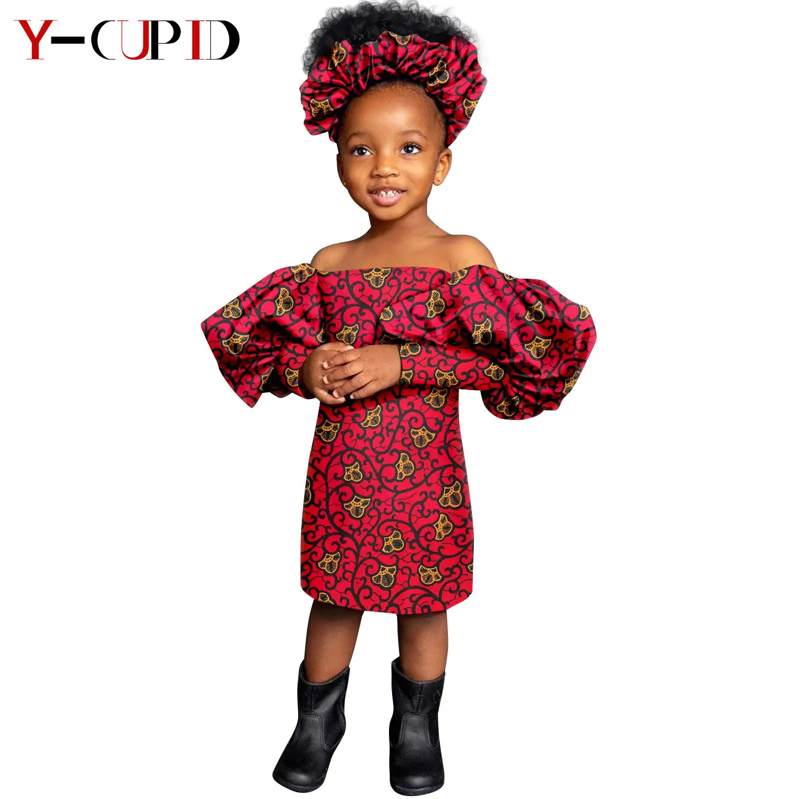 African Clothes for Girls Print Knee-length Dresses with Headtie Dashiki Kids Children Lantern Sleeve Outfits Vestido 2445004