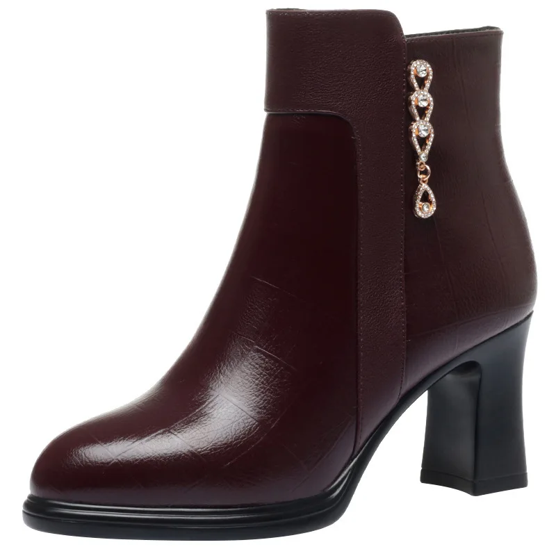 

2026 5cm 8cm Elegant Block High Heels Soft Leather Boots Platform Shoes Winter Womens Warm Fur Ankle Boots for Office Mom Work