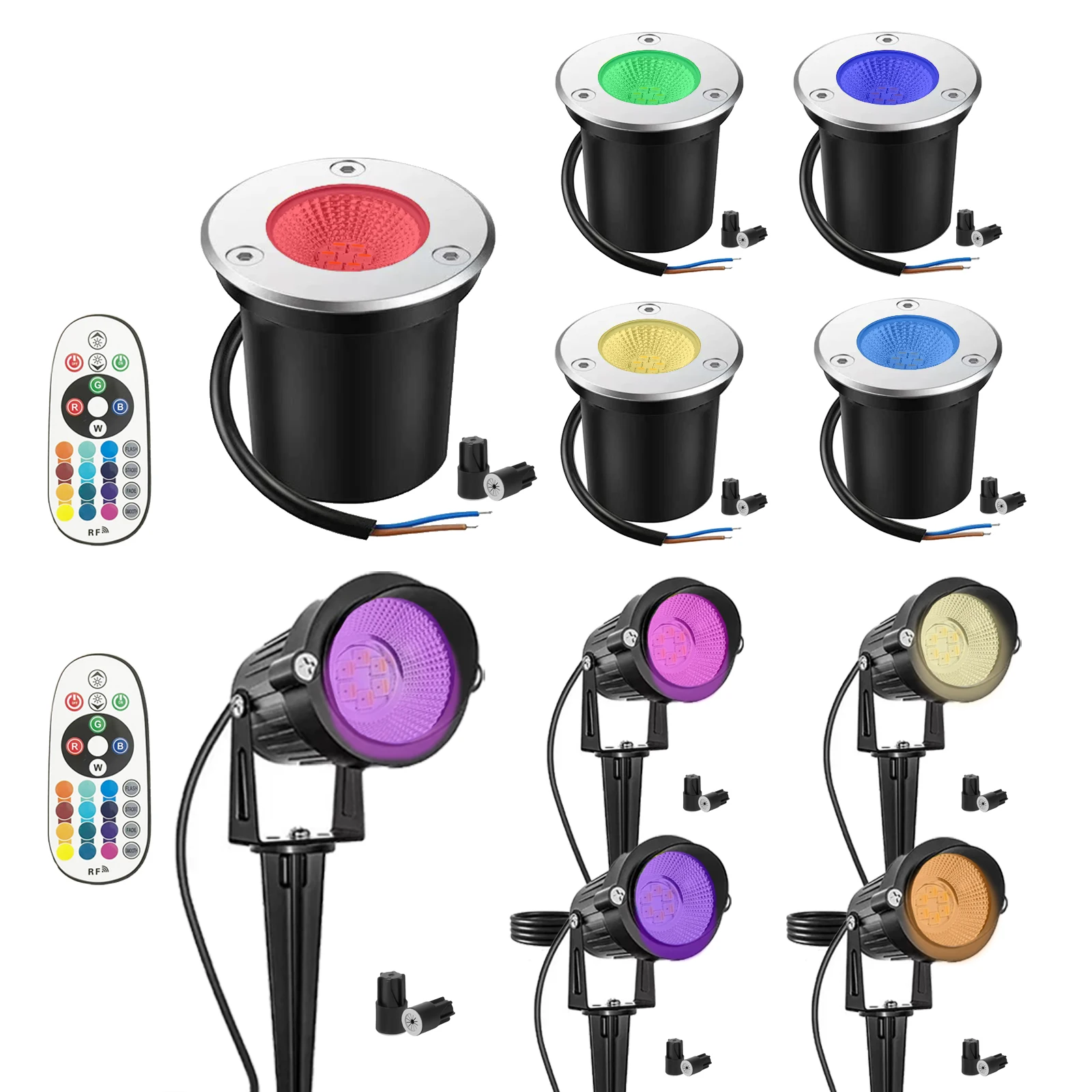 10 Pack RGBW LED Landscape Lights (5 Spike + 5 In-ground), 3W Low Voltage IP67 Waterproof with Remote Control, 16 Colors & 4 Mod