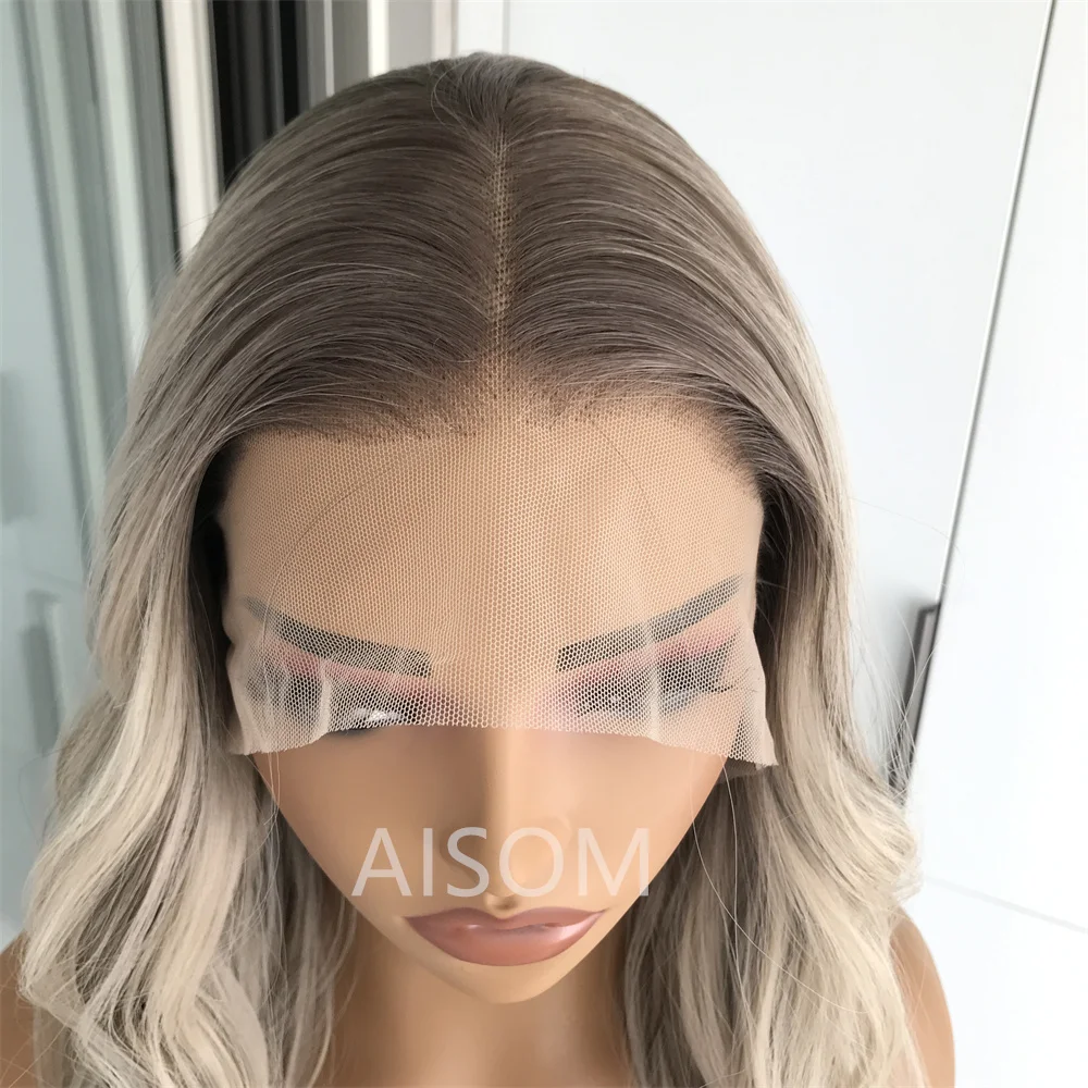 Highlight Ash Platinum Blonde Body Wave Synthetic Lace Front Wig for Women Long Wavy Pre Plucked Heat Resistant Fiber Wig Daily