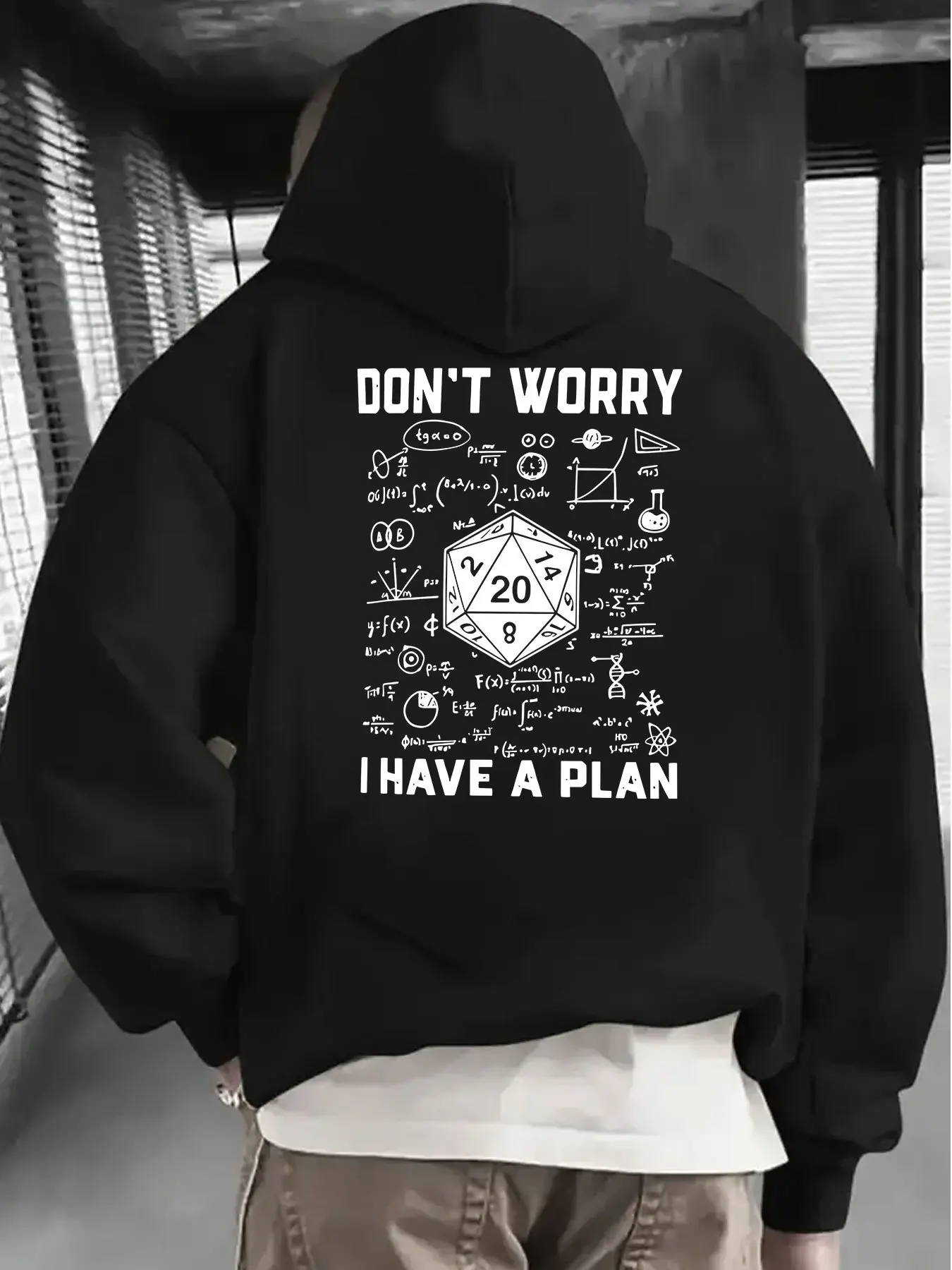Men's comfortable hooded sweatshirt with dice math formula pattern on the surface, loose long-sleeved pullover for street wear