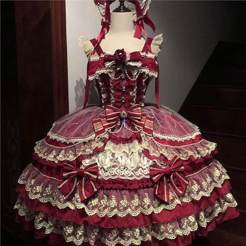 

New Elegant Lolita JSK Dress Summer Burgundy Red Layered Lace Ruffle Bow Pearl Fluffy Camisole Suspender Vintage Princess Dress
