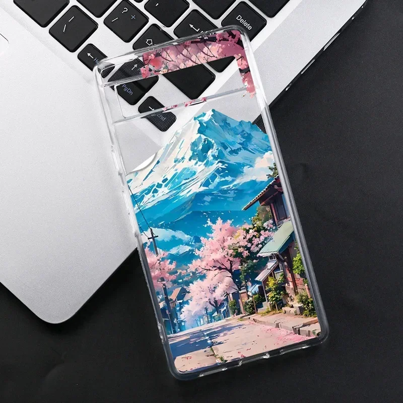 Japan Anime Street View Landscape Phone Case For Google Pixel 8A 8 7 Pro 6A 9 Pro  Scenery Pattern Transparent Soft Back Covers