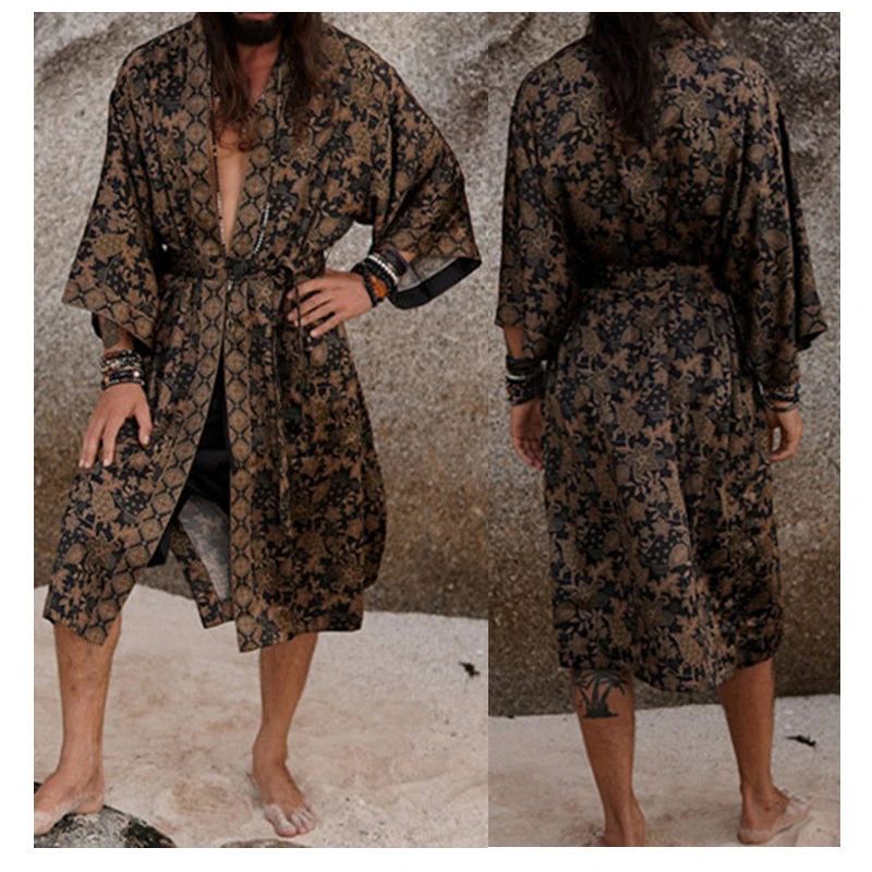 Plus Size 5XL Men's Robe Sleepwear Bohemian Style Printing Kimono Bathrobe Gown Loungewear Loose Casual Homewear Nightwear