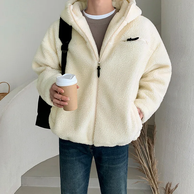 Lamb Wool Cotton Coat Men\'s Winter Coat Korean Version Trend Loose Cotton Coat Thickened Fleece Hooded Cotton-padded Jacket