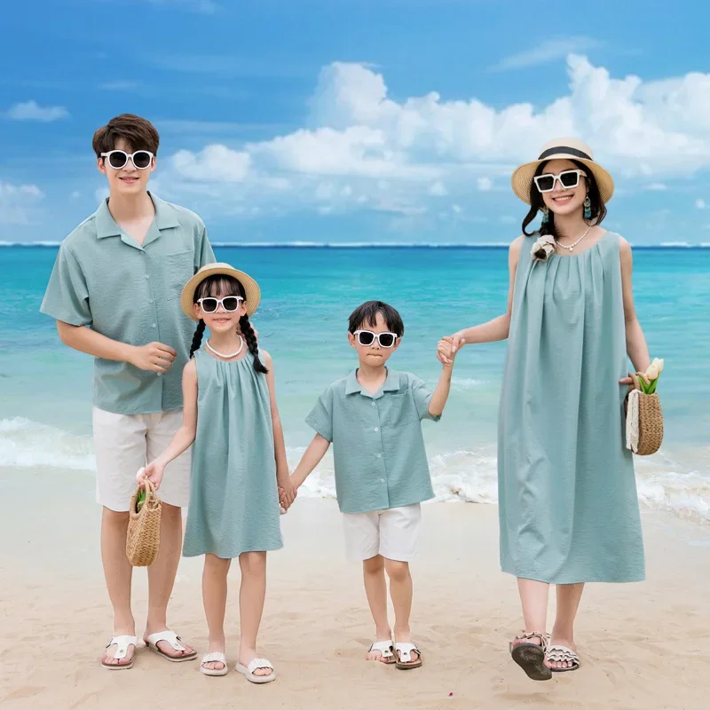 Family Vacation Summer Beach Clothes Couple Parents and Children Clothes Holiday Mom Daughter Dress Dad and Son Shirts Outfits