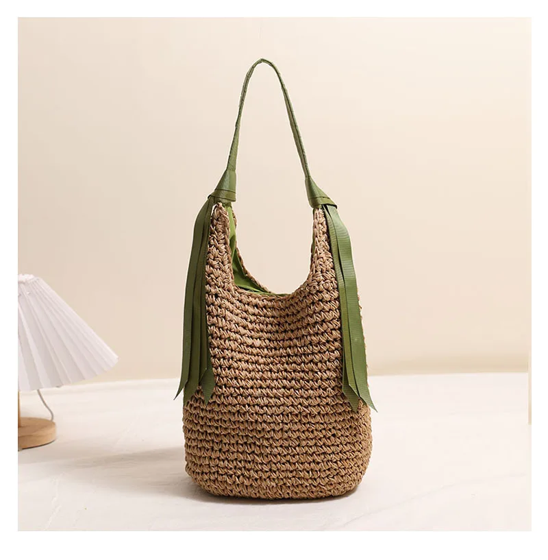 Neue 2026 Einfarbige Strohtasche Sommer Bohemian Style Strandurlaub Einzel-Schultertasche Geflochtene Handtasche für Damen – Detail 6