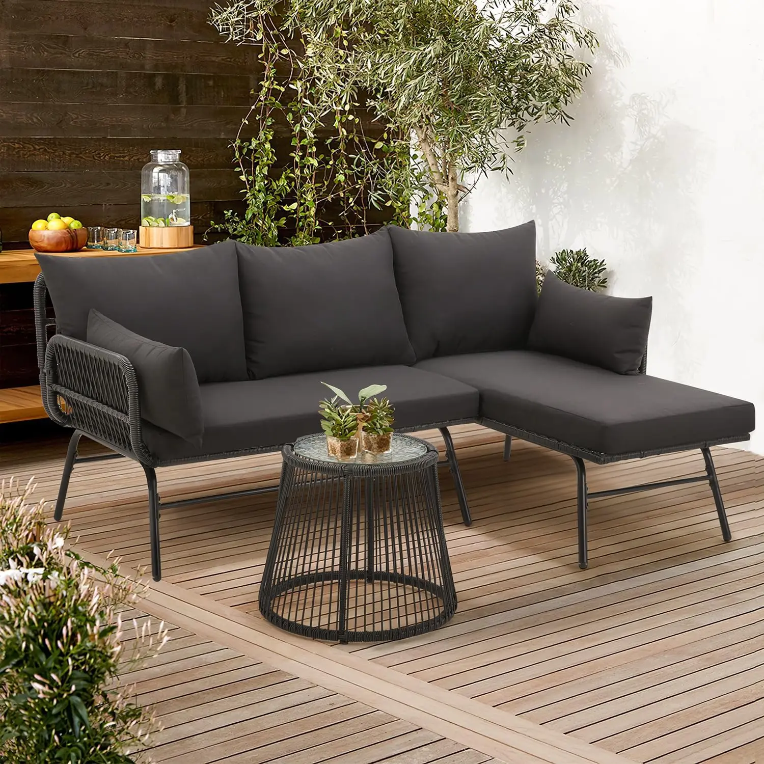 3-Piece Outdoor Patio Rattan Furniture Set, Black | L-Shaped Rattan Sectional Sofa with Thick Cushions – All-Weather Conversatio