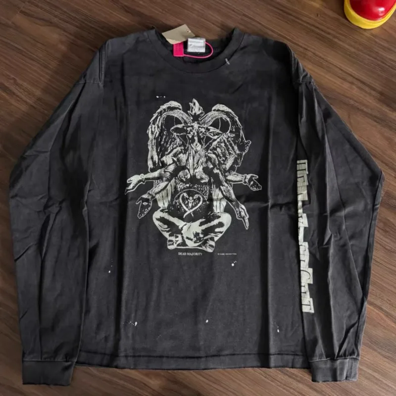 

Retro Washed Ink Splattered Graffiti Saint Long Sleeve Tshirts Hiphop Loose Cotton Sweatshirts Men Women Round Neck Pullover