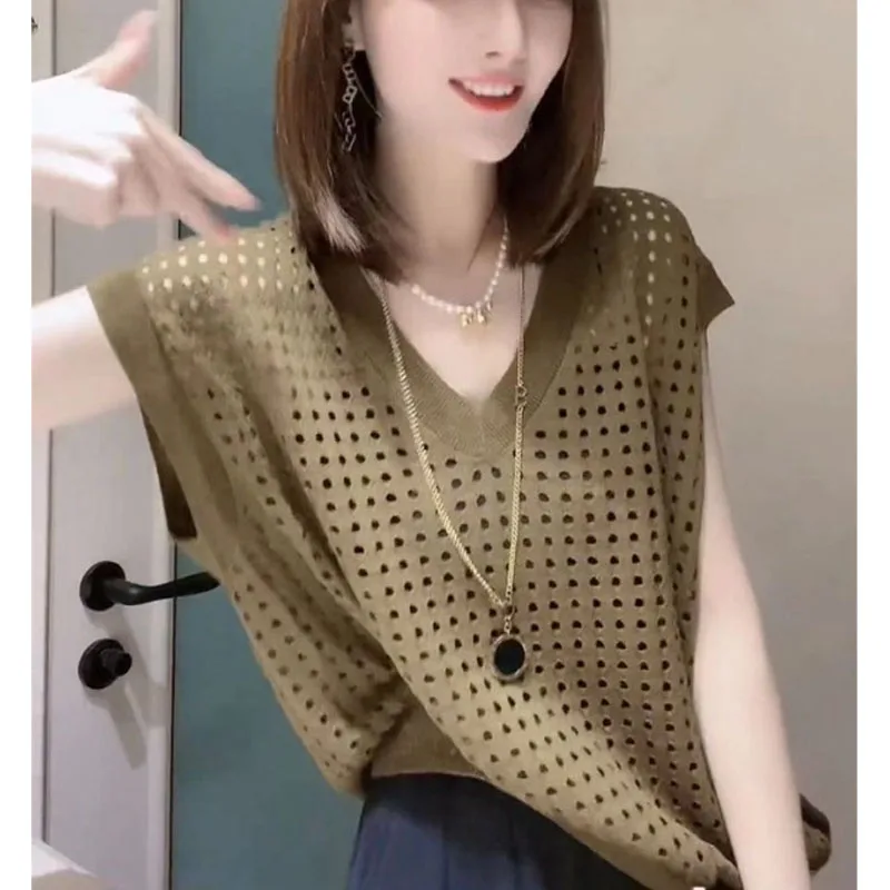 Suéter de punto con cuello en V para verano, Camiseta holgada informal, versátil, sencilla, versión coreana, novedad de 2024