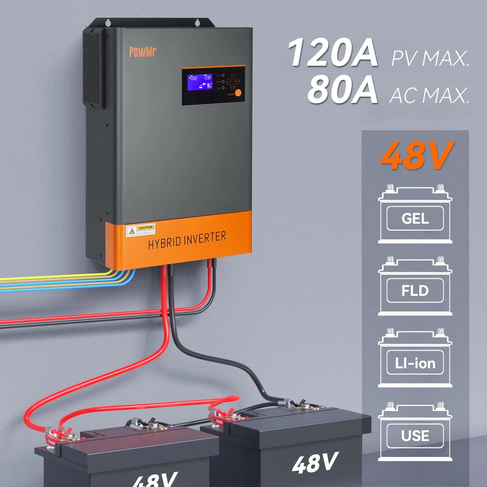 PowMr 6KW 48V Równoległy hybrydowy falownik solarny MPPT 120A 6200W 48V Czysty falownik sinusoidalny może równolegle w trzech fazach maks. 12 szt.