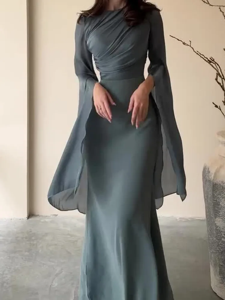 DFDG 2025 الربيع الصيف المرأة مصمم فستان ستان مثير الخفافيش الجناح متوهج كم ماكسي بقماش شفاف إدراج Bodycon فستان الرقبة المستديرة