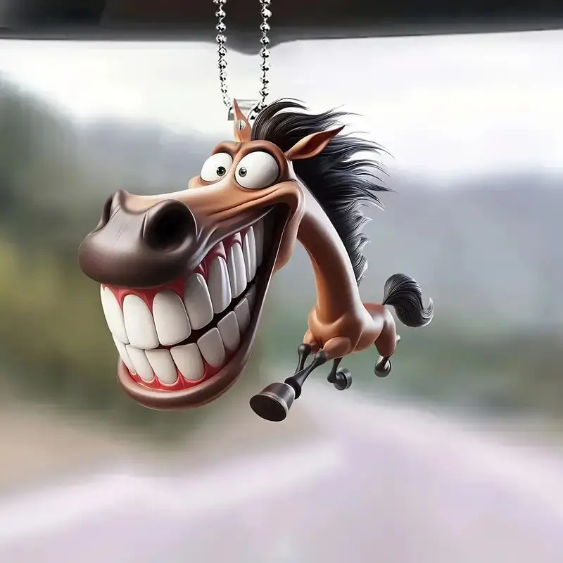 Funny Big Mouth Horse 2D Acrylic Flat Keychain Bag/Car Hanging Animal Keyring Car Decor Hanging For Car Rear-view Mirrors Gift