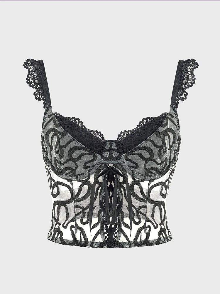 

Женские кружевные укороченные топы Y2K, эстетический сексуальный корсет, новинка 2025, готические облегающие топы без рукавов, сетчатая индивидуальная уличная одежда с открытой спиной