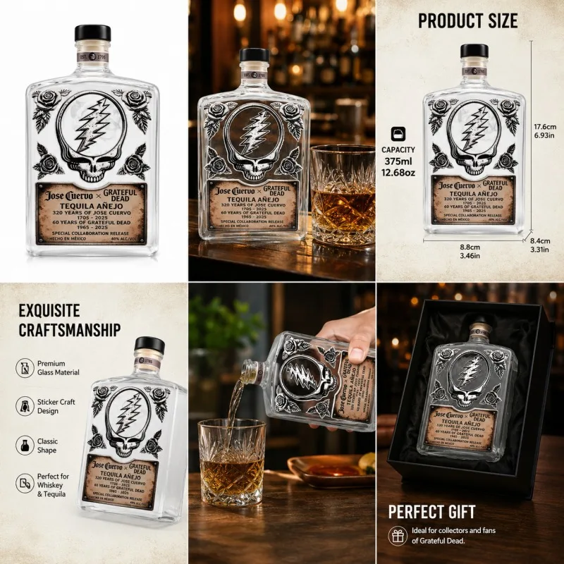 Grateful Dead Sticker Craft Glass Decanter Creative Tequila Whiskey Bottle Bar Decor Collectible Gift Home Pub Display