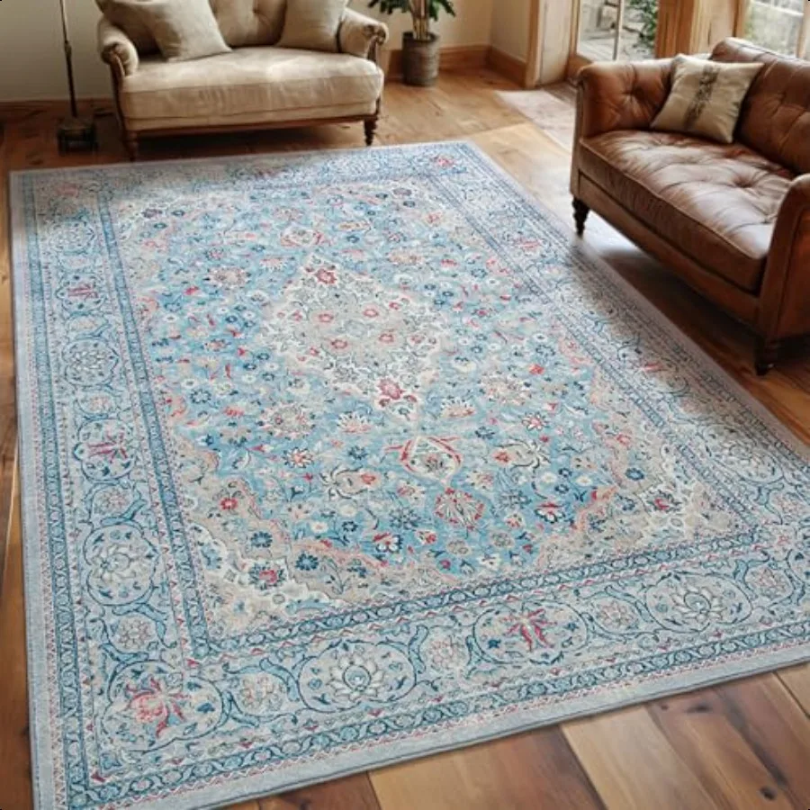 

Washable Rug 4x6 Blue Area Rugs Non Slip Indoor Low Pile Carpet with Rubber Backing for Living Room Kitchen Bathroom Entryway O