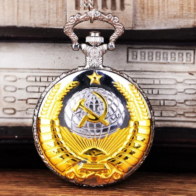 Vintage Emblem USSR Soviet Badges Hammer Sickle Pocket Watch Retro Russia Army CCCP Communism Necklace Clock Chain For Men Women