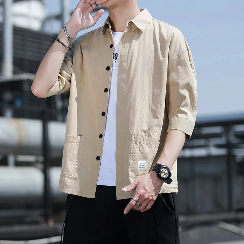 

Men's Summer ort Sve Seven-Five Casual Slim Fit irt Korean Sle Versatile Trendy Brand Cotton Square Collar Beachwear