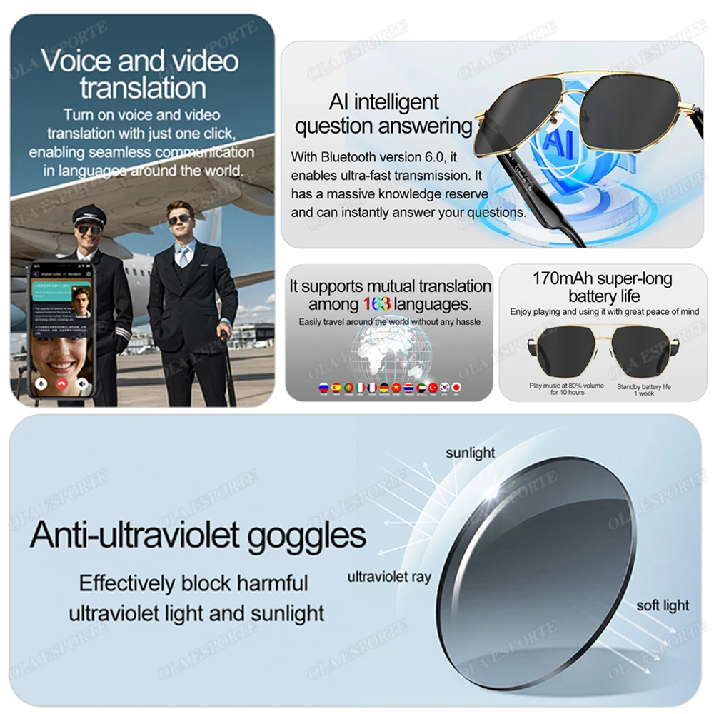 Original AI Intelligent Translation Smart Glasses Wireless Driving Glasses Bluetooth Earphone Sport Sunglasses For Xiaomi Pk E13