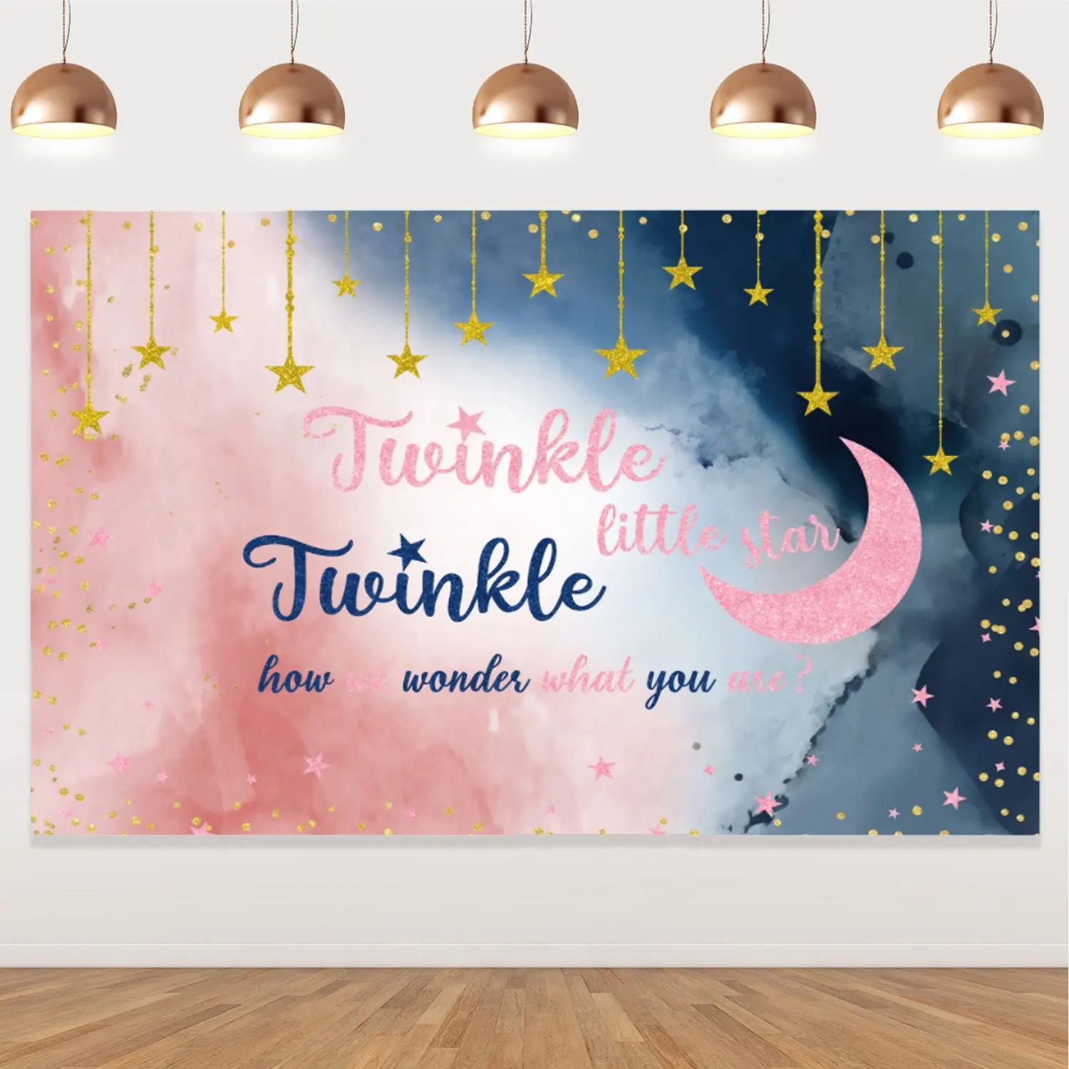 

Twinkle Little Star Gender Reveal Backdrop, Baby Shower Background, Pink, Blue, Golden, Party Photography, Wallpaper