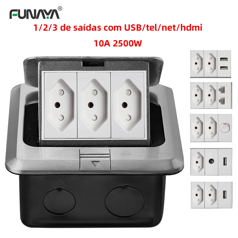 Brazil BR Pop Up Sockets 10A 2500W 2 3 Outlets with 2.1A usb rj45 hdmi AC110 220V Embedded Sliver Aluminum Alloy Hidden Socket