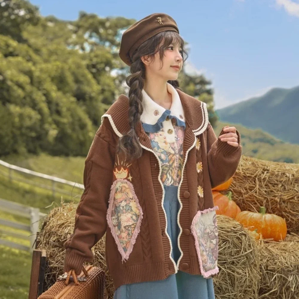 

Vintage Preppy Style Cardigans Women Sweet Girl Floral Cartoon Maillard Sweater Knitting Young Lady Baggy Coats Y2k Outwear Ins