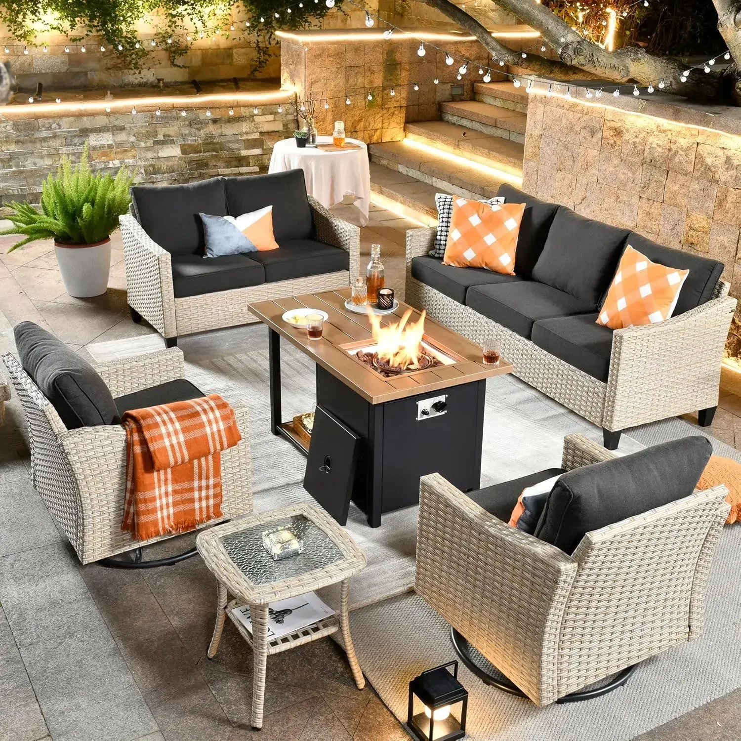 Patio FurnitureAll Weather Wicker Outdoor Sofa with High Back Swivel Rocker ChairsConversation Set Fire Pit,Light Rattan Cushion