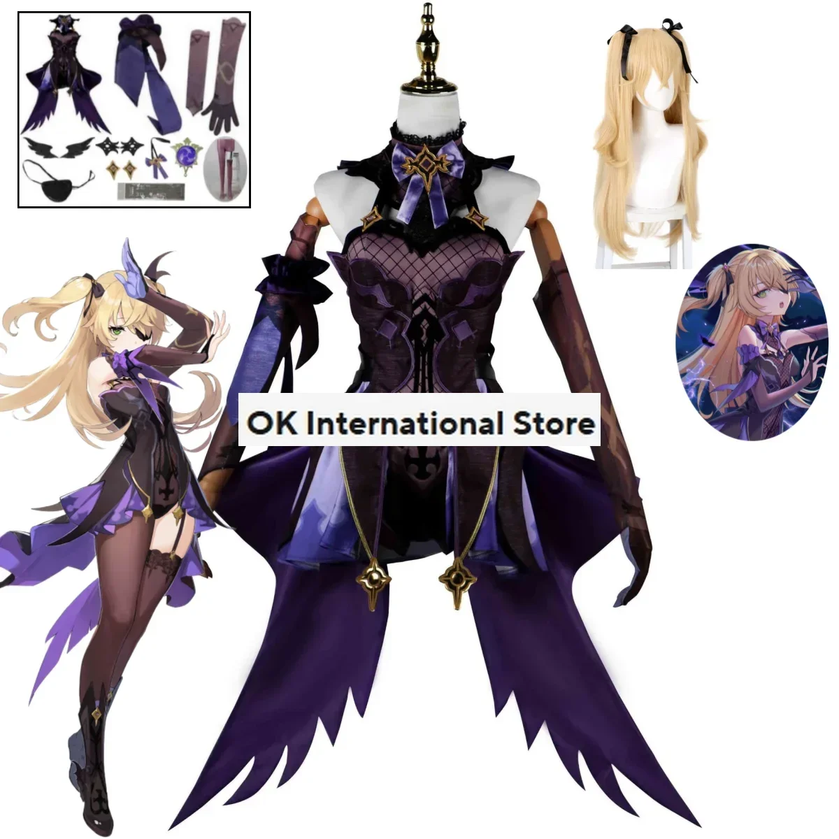 Anime Game Genshin Impact Fischl Cosplay Costume Purple Uniform Dress Dress Costume Halloween Carnival Party Carnival Set