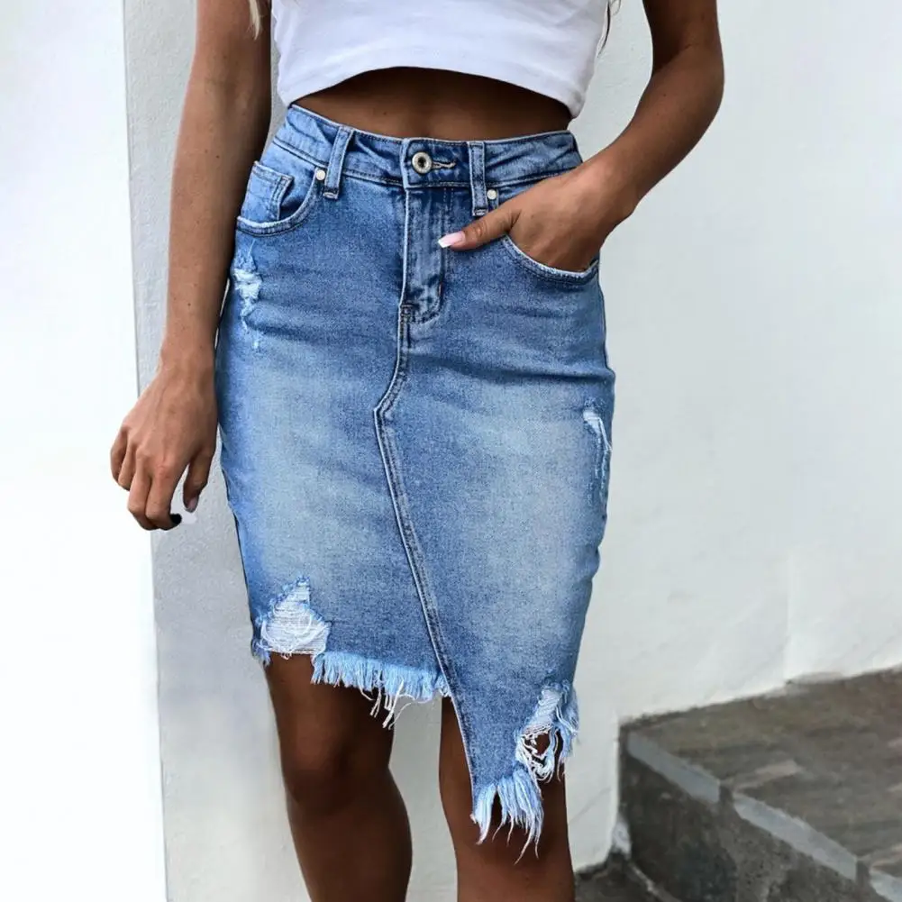 Women Denim Skirt High Waist Women's Denim Skirt with Ripped Holes Irregular Hem Stylish Button Zipper Fly Mini for Streetwear