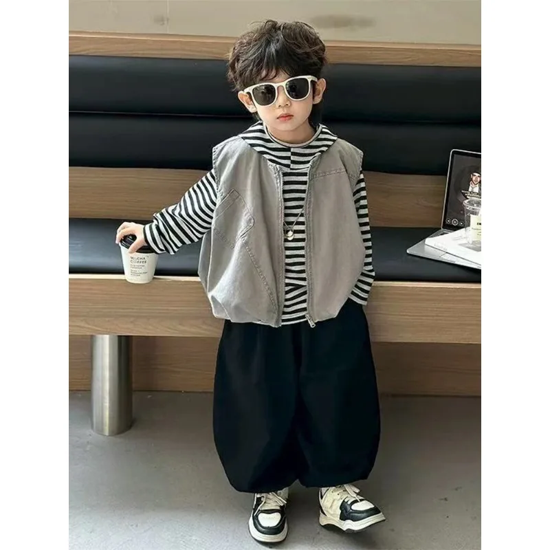 Korean Style Boys' Three-Piece Set Simple Base Layer Vest Long Pants Cool And Handsome Spring Autumn New Arrival for Kids