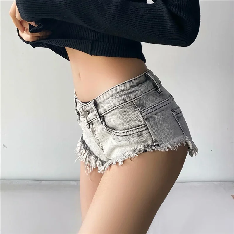 Mini Shorts Women Retro European Style Sexy Slim Clubwear Tassel Raw Edge Wrap Hip Hipster Personality Aesthetic Denim Trousers