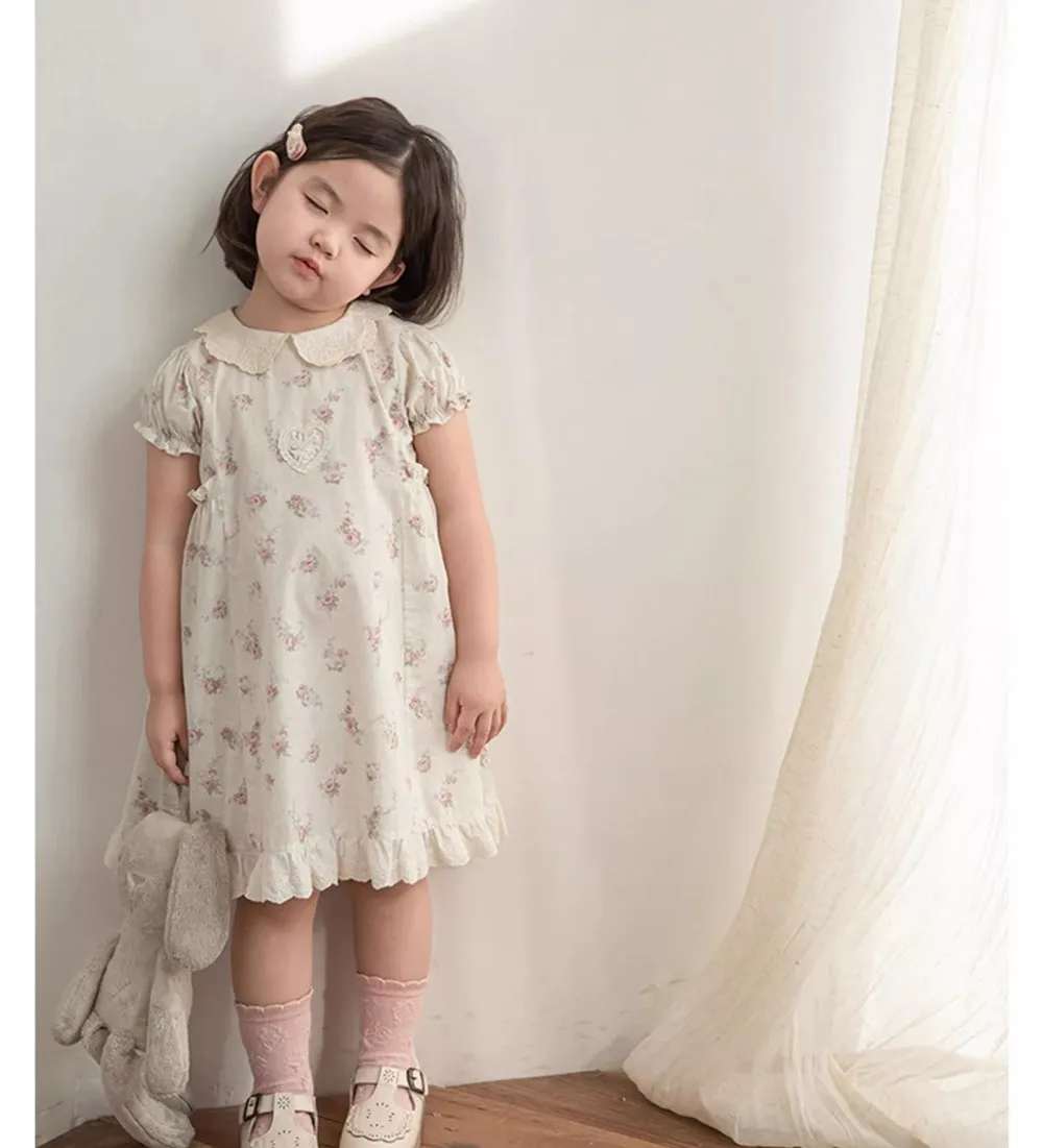 

kids girls clothes Sweet French style floral pattern girls' short sleeved dress Summer girls' romantic dress
