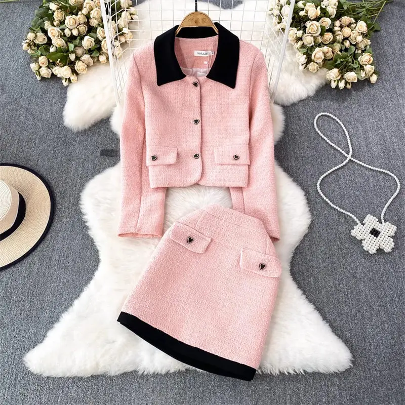 

Fashion Set Hit Color Long Sleeve Tweed Suit Coat Two Piece High Waist Slim Wrapped Hip Skirt Elegant Slim Women Outfit Z2652