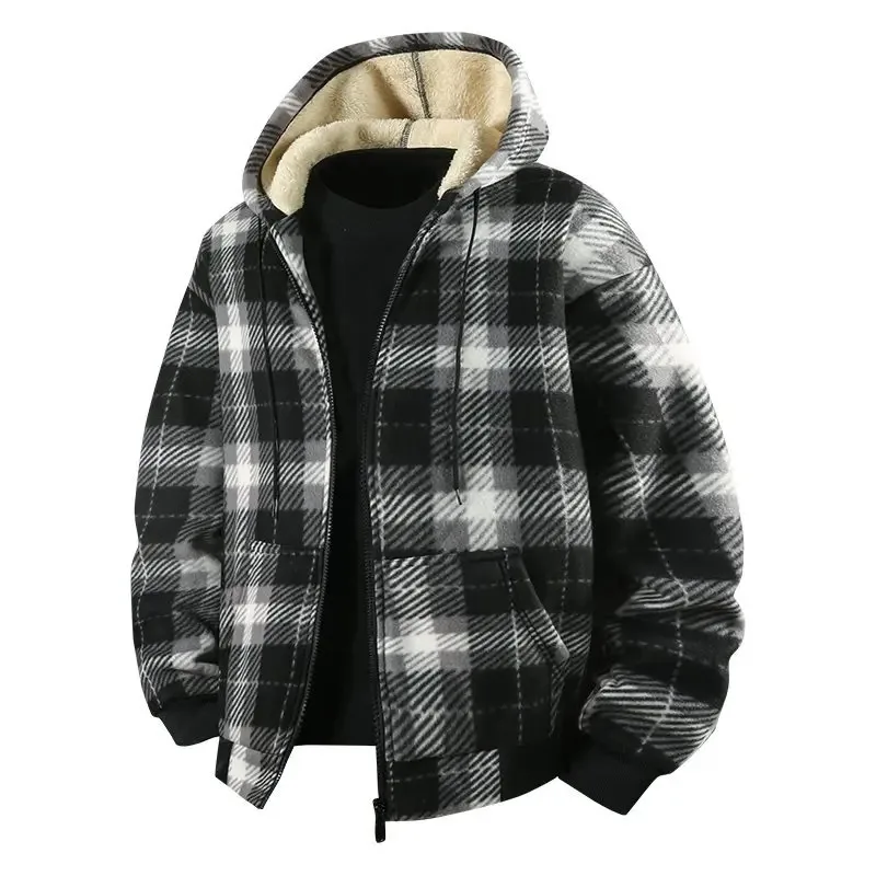 

Men's Plaid Hooded Fleece Lined Jacket Autumn Winter Casual Cardigan Hoodie Lamb Wool Warm Casual Loose Fit Coat Men Streetwear