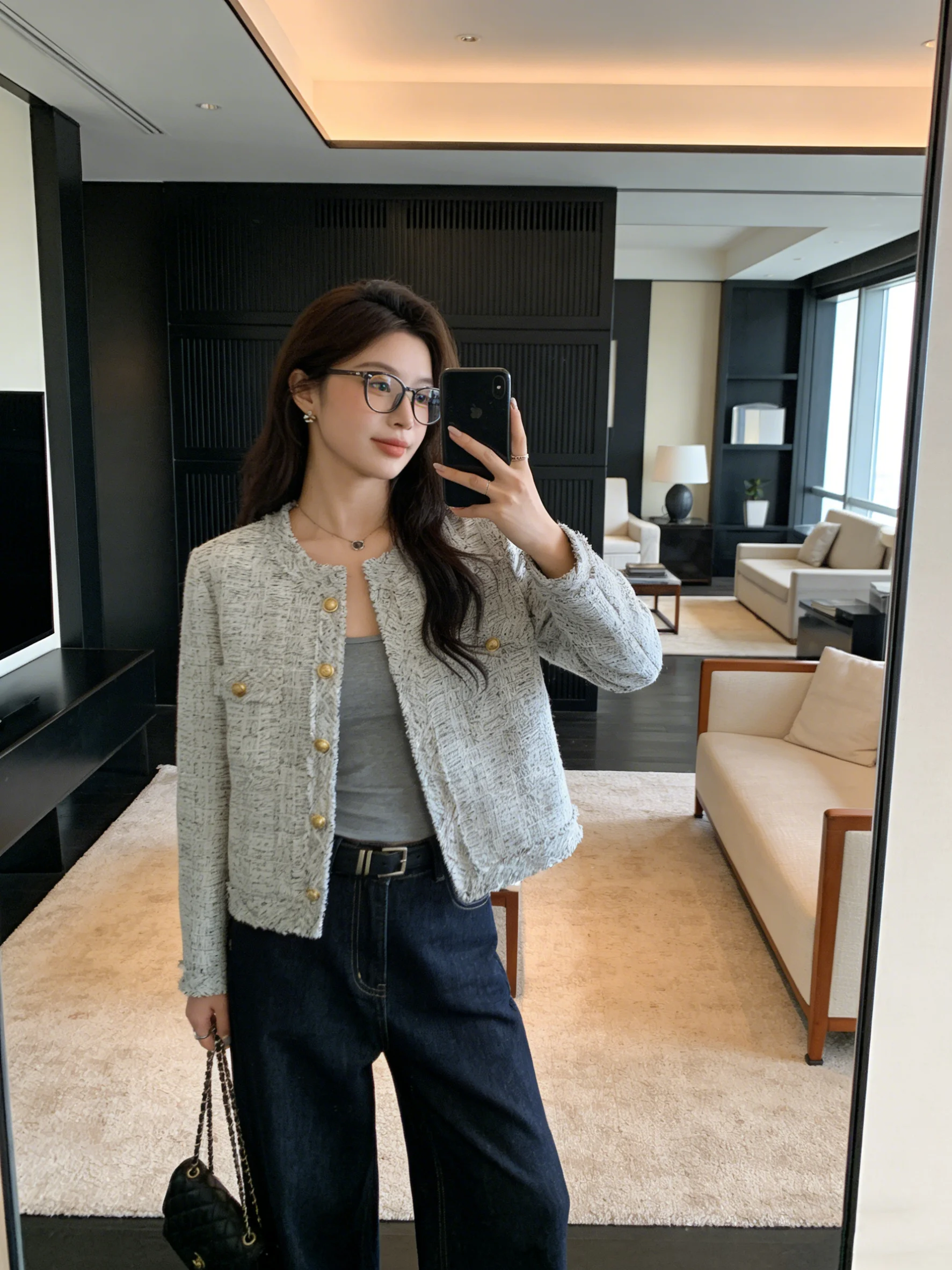 

Elegant Short Outerwear for Women Loose Long Sleeve round Neck Button up Top Fashionable Versatile Ladies Coat Spring Season