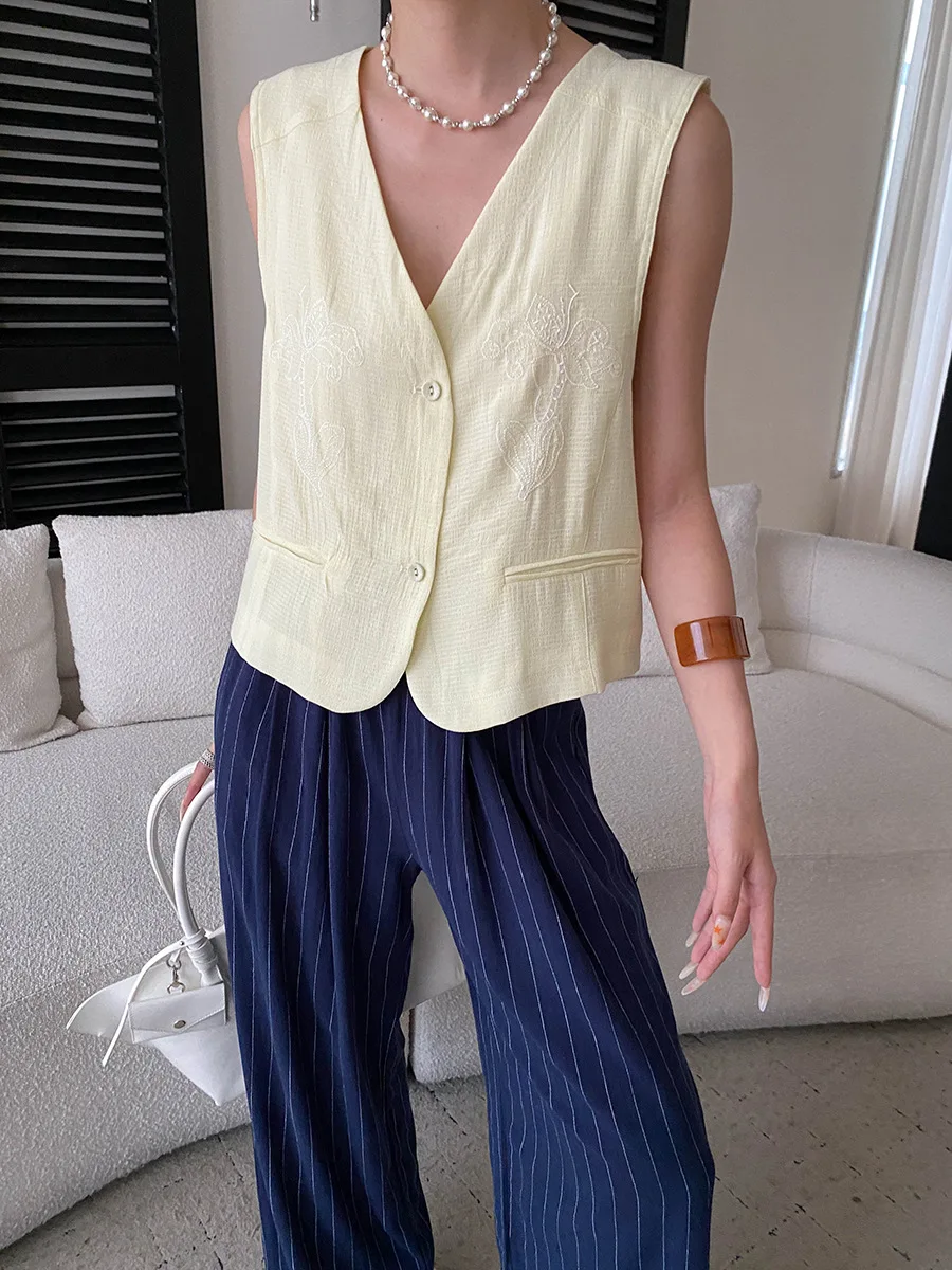 Sommerliche Damen-Weste, einfarbig, modisch, mit Stickerei, V-Ausschnitt, ärmellos, elegant – Detail 27