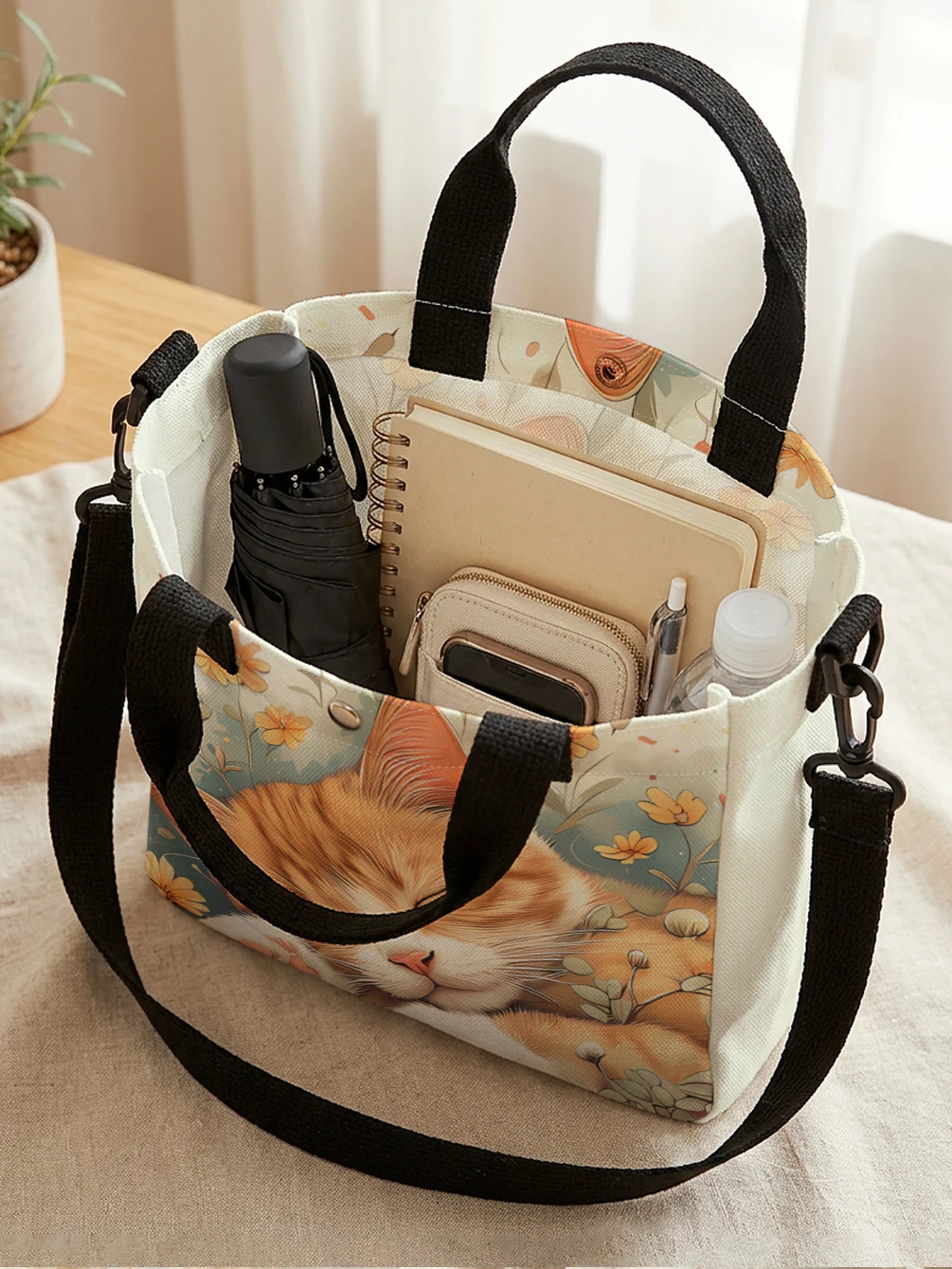 Watercolor Sleeping Orange Cat Floral Print Handbag Detachable Strap Crossbody Tote Bag For Shopping Travel Daily Commute