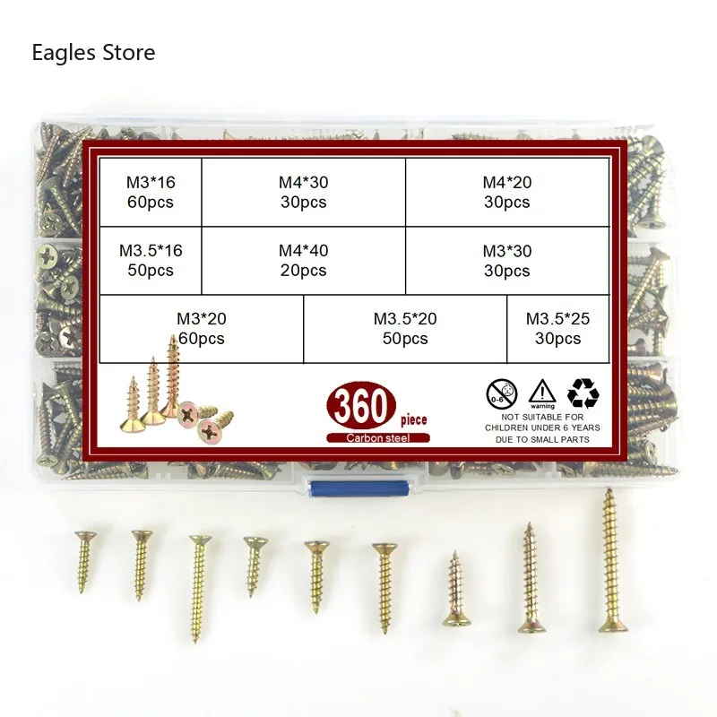 360/420pcs/Box Cross Recessed Fibreboard Screw M3.5 M4 M5 Yellow Zinc Plated Flat Head Self Tapping Wood Screw for Chipboard