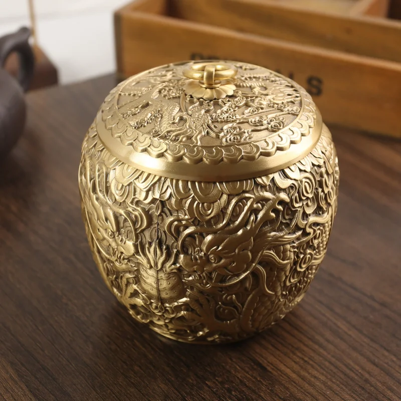 

Double Dragon Tea Canister Ornament Office Desktop Creative Large And Small Pure Storage Jar Copper Craft