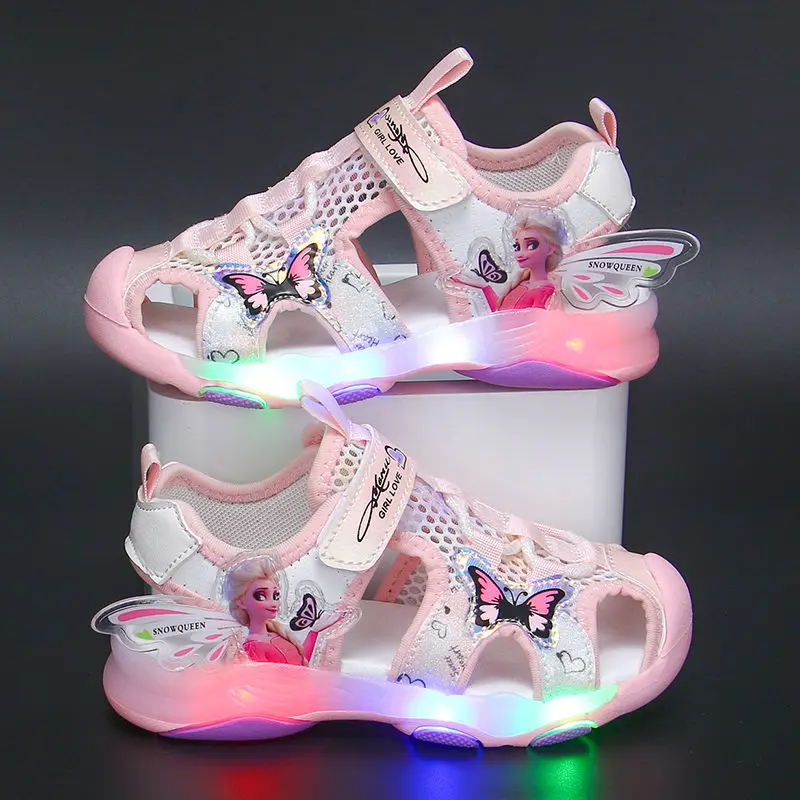 Disney Girls' Casual Shoes Baotou Sandals Led Light Summer Style Anti-skid Soft Soles Pink Purple Mesh Children Shoes Size 23-36