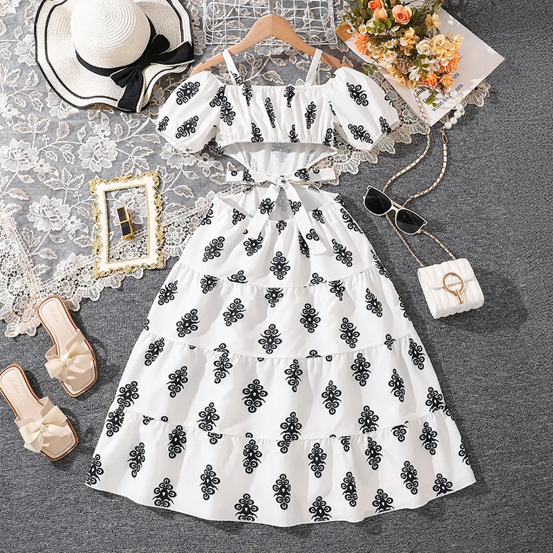 2025 New Arrival Girls Short Sleeve Slash Neck Print White Infantil Menina Cute Holiday Night Party Princess Dress Custume 8-12T