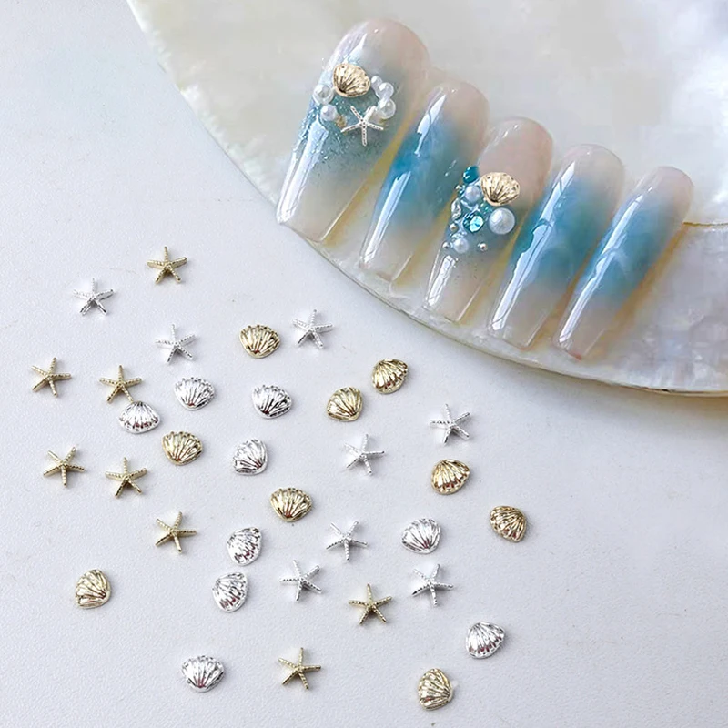 20Pcs Shell Nail Art Charms 3D Alloy Five-Pointed-Star Silver Crystal Diamond Nail Decoration Luxury Manicure Accessories