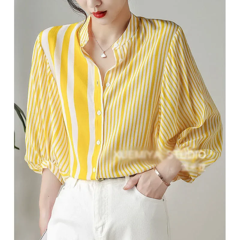 

Round Neck Korean Striped Printing Loose Women's Shirt 2025 Summer New Fashion Female Clothing 3/4 Sleeve Single-breasted Blouse
