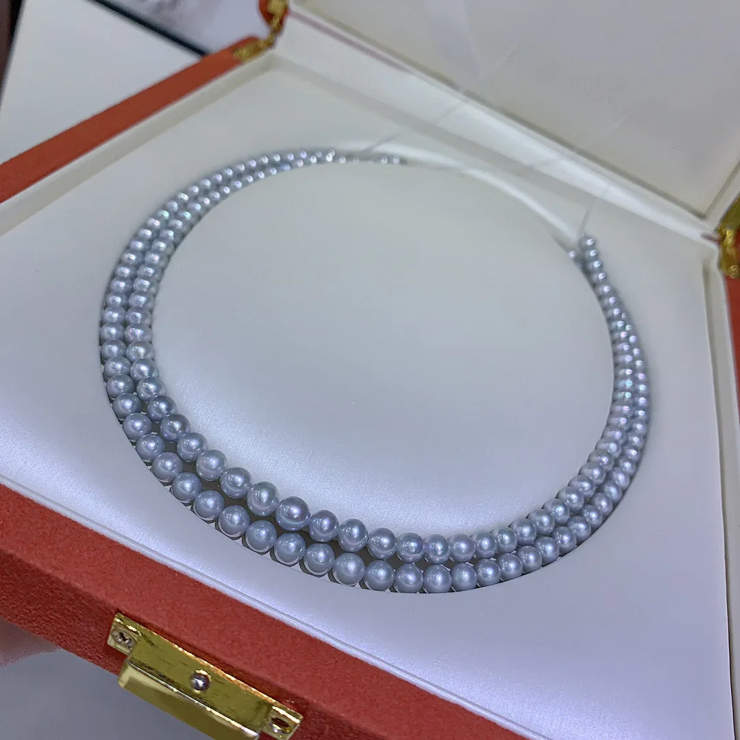 

Silver-grey Pearl Necklace 5-6mm Natural Freshwater Pearls, Round and Slightly Flawed, Grey with Purple Halo Necklace