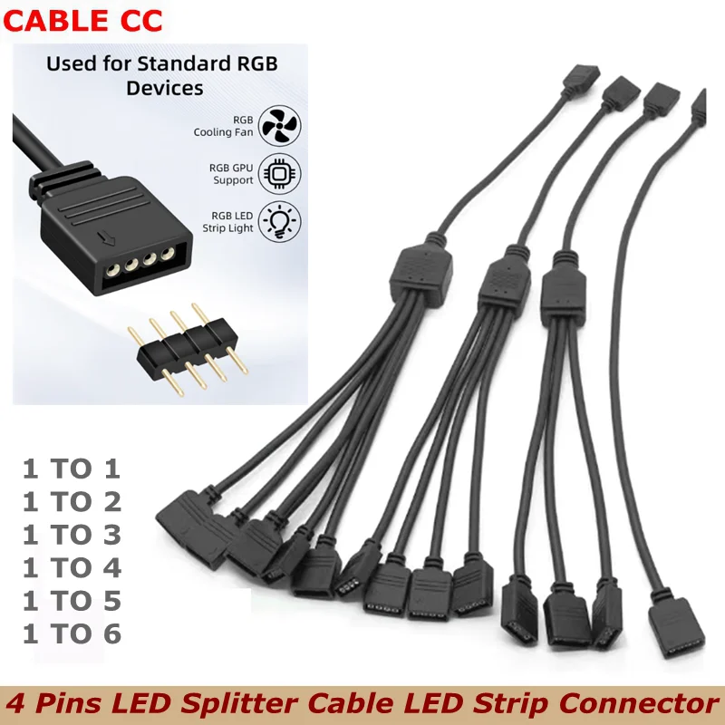 For Extending PC RGB Fans/LED Lights ,1 to 1/2/3/4/5/6 RGB Adapter Connector，12v 4-Pin RGB Splitter, with Male 4Pin Plugs